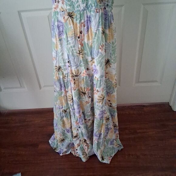 Boho Floral Tiered Maxi Dress Large Rayon Pastel Floral Lined Shirred Waist - Picture 7 of 15